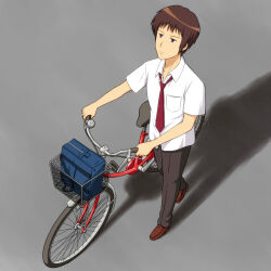 1boy bag bicycle bicycle_basket breast_pocket brown_eyes brown_hair brown_pants closed_mouth collarbone collared_shirt commentary_request fujita_sho grey_background highres kita_high_school_uniform kyon male_focus necktie pants pocket red_necktie school_bag school_uniform shadow shirt short_sleeves simple_background solo summer_uniform suzumiya_haruhi_no_yuuutsu untucked_shirt walking walking_bike white_shirt