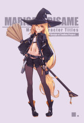 Rule 34 | 1girl, absurdres, alternate costume, ankle boots, arm at side, belt, black footwear, black gloves, black hat, black jacket, black shorts, blonde hair, boots, broom, character name, charm (object), commentary request, copyright name, drawstring, fingerless gloves, full body, gloves, grin, hair between eyes, hand on own hip, hat, head tilt, highres, jacket, kirisame marisa, legs apart, long hair, long sleeves, low-tied long hair, navel, nian (zhanian), open clothes, open jacket, open mouth, pantyhose, pantyhose under shorts, pigeon-toed, purple background, shorts, simple background, single fingerless glove, single glove, smile, solo, standing, star (symbol), stomach, teeth, touhou, unzipped, very long hair, witch hat, yin yang, zipper