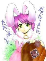 Rule 34 | 1girl, aino yumeri, animal ears, green eyes, looking at viewer, purple hair, rabbit ears, short hair, simple background, solo, translation request, white background