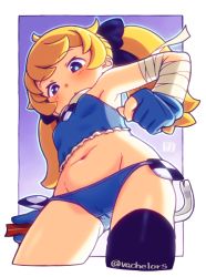 Rule 34 | 1girl, blonde hair, borrowed character, bow, breasts, cameltoe, crowbar, female focus, hair bow, holding, holding crowbar, mawaru (mawaru), midriff, navel, original, single thighhigh, small breasts, solo, thighhighs, twintails