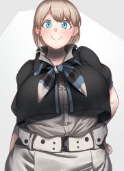Rule 34 | 1girl, black shirt, blue eyes, breasts, brown hair, commentary request, grey background, grey neckwear, highres, huge breasts, intrepid (kancolle), kantai collection, konoshige (ryuun), looking at viewer, multicolored neckerchief, multicolored neckwear, neckerchief, ponytail, shirt, short hair, short sleeves, simple background, smile, solo, upper body, white neckwear, white shirt