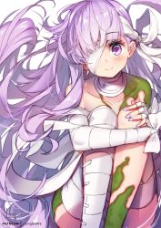 Rule 34 | 1girl, bandage over one eye, bandaged arm, bandaged head, bandages, blush, closed mouth, collarbone, fate/grand order, fate (series), hair over one eye, hong (white spider), hugging own legs, kingprotea (fate), long hair, looking at viewer, moss, nail polish, one eye covered, purple eyes, purple hair, purple nails, simple background, sitting, smile, solo, very long hair, white background