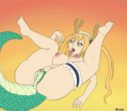 Rule 34 | 1girl, anus, blonde hair, breasts, dragon girl, dragon horns, dragon tail, horns, kobayashi-san chi no maidragon, large breasts, lying, maid headdress, navel, nipples, on back, open mouth, pussy, simple background, solo, spread legs, tail, tongue, tongue out, tohru (maidragon), twintails, uncensored, yellow eyes