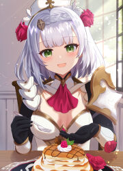 Rule 34 | 1girl, armor, ascot, black gloves, blush, braid, breasts, cha0198, chair, cleavage, commentary request, facing viewer, flower, food, fork, genshin impact, gloves, green eyes, grey hair, hair flower, hair ornament, highres, holding, holding fork, indoors, lighter-than-air pancake (genshin impact), maid headdress, medium breasts, noelle (genshin impact), pancake, pancake stack, red ascot, red flower, red rose, rose, short hair, shoulder armor, sitting, solo, table, window
