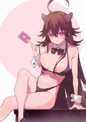 Rule 34 | 1girl, absurdres, ahoge, amana (pocketkey), animal ears, arm support, bikini, black bikini, black bow, black bowtie, bow, bowtie, breast press, breasts, brown hair, card, closed mouth, commentary request, crossed legs, detached collar, hair between eyes, highres, holding, holding card, large breasts, long hair, looking at viewer, original, pink eyes, sitting, smile, solo, swimsuit, thighs