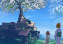 Rule 34 | 10s, 2girls, aged up, anglerfish, blue kimono, cherry blossoms, child, cloud, cloudy sky, commentary, day, dress, fish, from behind, girls und panzer, goripan, holding hands, ivy, japanese clothes, kimono, long sleeves, military, military vehicle, mother and daughter, motor vehicle, multiple girls, nishizumi miho, ocean, outdoors, panzer iv, panzer iv, scenery, short hair, sky, standing, tank, tree, white dress, wide sleeves