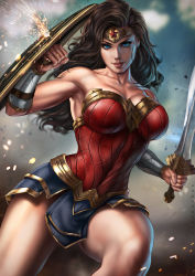 Rule 34 | 1girl, armor, armored dress, black hair, blue eyes, breasts, circlet, dandon fuga, dc comics, deflect, highres, knee up, large breasts, lips, looking at viewer, muscular, muscular female, red lips, shield, sword, thick lips, thick thighs, thighs, weapon, wonder woman