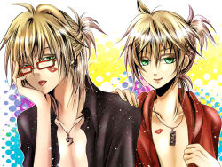 Rule 34 | :p, blonde hair, dual persona, glasses, green eyes, jewelry, kagamine len, kinoto, lipstick mark, male focus, nail polish, necklace, open clothes, open shirt, ponytail, shirt, smile, spice! (vocaloid), tongue, tongue out, vocaloid