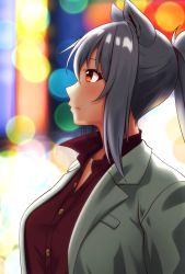 Rule 34 | 1girl, animal ear fluff, animal ears, blurry, blurry background, breasts, brown shirt, collared shirt, commentary request, depth of field, dress shirt, formal, grey hair, hair between eyes, jacket, medium breasts, open clothes, open jacket, original, ponytail, profile, red eyes, shachoo., shirt, sidelocks, solo, suit, upper body, white jacket, wolf ears