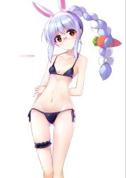 Rule 34 | 1girl, alternate costume, alternate hairstyle, animal ear fluff, animal ears, arm behind back, bare arms, bare shoulders, bespectacled, bikini, black bikini, blue hair, blush, bow, braid, breasts, bridal garter, carrot hair ornament, character name, closed mouth, commentary request, english text, engrish text, food-themed hair ornament, glasses, groin, hair between eyes, hair bow, hair ornament, head tilt, highres, hololive, looking at viewer, micro bikini, multicolored hair, navel, rabbit ears, ranguage, red-framed eyewear, red eyes, sagamihara sakyou, side-tie bikini bottom, sidelocks, single braid, small breasts, solo, swimsuit, thick eyebrows, thigh gap, two-tone hair, usada pekora, virtual youtuber, white background, white bow, white hair