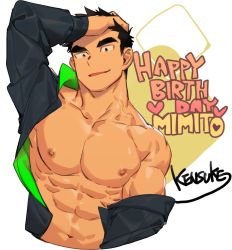 Rule 34 | 1boy, abs, arm up, bad id, bad twitter id, bara, bare pectorals, black hair, borrowed character, bulge, collared shirt, cropped torso, gondom, hand in own hair, happy birthday, highres, large pectorals, male focus, muscular, muscular male, navel, nipples, open clothes, open shirt, original, pectorals, second-party source, shirt, short hair, smile, solo, stomach, thick eyebrows, veins