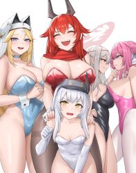 Rule 34 | 5girls, :d, ^ ^, absurdres, alternate costume, black horns, black leotard, blonde hair, blue leotard, breast press, breasts, cleavage, closed eyes, commentary request, dorothy (nikke), elbow gloves, gloves, goddess of victory: nikke, grey hair, halo, hands on another&#039;s shoulders, head-mounted display, highres, horns, kurone rinka, large breasts, leotard, long hair, looking at another, looking at viewer, medium breasts, multiple girls, nun, open mouth, pink hair, pink leotard, rapunzel (nikke), red eyes, red hair, red halo, red hood (nikke), red leotard, red pupils, red scarf, scarf, scarlet (nikke), simple background, small breasts, smile, snow white (innocent days) (nikke), snow white (nikke), symmetrical docking, thighs, white background, white gloves, white leotard, yellow eyes