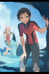Rule 34 | 1boy, 1girl, :d, bad id, bad pixiv id, bike shorts, black hair, black shorts, blue sky, blurry, blurry background, bow, bracelet, brendan (pokemon), brown hair, cloud, creatures (company), floating hair, game freak, gen 2 pokemon, gen 3 pokemon, grey eyes, hair bow, hairband, hand on own knee, highres, holding hands, jacket, jewelry, leaning forward, long hair, looking at viewer, marill, marshtomp, may (pokemon), nintendo, open mouth, outdoors, pokemon, pokemon (creature), pokemon oras, red bow, red hairband, red jacket, red shirt, shirt, short sleeves, shorts, shorts under shorts, sky, sleeveless, sleeveless shirt, smile, twintails, white shorts, yukin (es), zipper