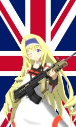 Rule 34 | 1girl, assault rifle, blonde hair, blue eyes, bow, breasts, bullpup, cecilia alcott, drill hair, finger to mouth, gun, hair bow, hairband, highres, index finger raised, infinite stratos, large breasts, legs, long hair, looking at viewer, one eye closed, rifle, sa80, school uniform, shushing, solo, thick thighs, thighs, union jack, very long hair, weapon
