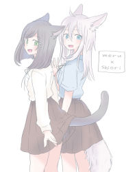 Rule 34 | 2girls, :d, animal ears, black hair, blue eyes, cat ears, cat tail, character name, commentary request, dog ears, dog tail, green eyes, inutose, long hair, long sleeves, multiple girls, open mouth, original, pleated skirt, shirt, short sleeves, skirt, smile, tail, white hair