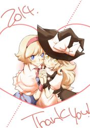 Rule 34 | 2girls, alice margatroid, apron, ascot, bad id, bad twitter id, blonde hair, blush, capelet, couple, hairband, holding hands, hat, heart, highres, kirisame marisa, long hair, multiple girls, non (z-art), short hair, smile, text focus, touhou, waist apron, witch hat, wrist cuffs, yellow eyes, yuri