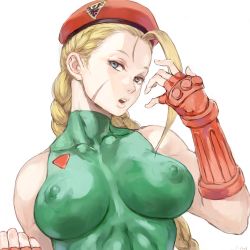 Rule 34 | 1girl, abs, antenna hair, arm up, bare shoulders, beret, blonde hair, blue eyes, braid, breasts, cammy white, commentary request, covered collarbone, covered erect nipples, facial scar, fingerless gloves, gauntlets, gloves, green leotard, hat, head tilt, impossible clothes, impossible leotard, large breasts, leotard, lips, long hair, looking at viewer, muscular, muscular female, open mouth, red gloves, red hat, scar, scar on cheek, scar on face, shu-mai, simple background, skin tight, sleeveless, solo, street fighter, twin braids, upper body, white background