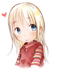 Rule 34 | 1girl, ana coppola, barasui, blonde hair, blue eyes, child, heart, ichigo mashimaro, long hair, looking to the side, shirt, simple background, smile, solo, striped clothes, striped shirt, sweater vest, upper body, white background