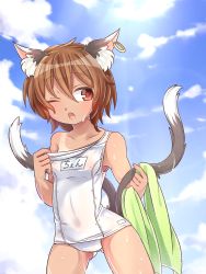 Rule 34 | 1girl, animal ears, blue sky, brown hair, cat ears, chen, cloud, couch, day, ear piercing, earrings, fang, ibaraki natou, jewelry, multiple tails, nekomata, off shoulder, one-piece swimsuit, one eye closed, open mouth, outdoors, piercing, red eyes, school swimsuit, single earring, sky, solo, strap slip, swimsuit, tail, tan, tanline, touhou, towel, wet, white school swimsuit, white one-piece swimsuit