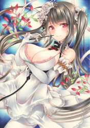 Rule 34 | 1girl, arm under breasts, azur lane, black hair, blush, breasts, cleavage, dress, elbow gloves, flower, gloves, hair flower, hair ornament, highres, holding, large breasts, long hair, marker (medium), official alternate costume, pantyhose, peter strasser (azur lane), peter strasser (a moment frozen in pure white) (azur lane), red eyes, red flower, saya pr, sidelocks, smile, solo, traditional media, twintails, very long hair, white dress, white flower, white gloves, white pantyhose