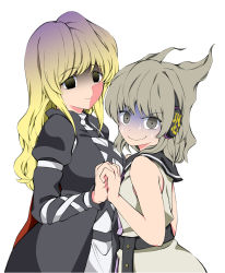Rule 34 | 2girls, asymmetrical docking, bad id, bad pixiv id, blonde hair, breast press, breasts, empty eyes, expressive clothes, female focus, fuantei, gradient hair, grey hair, holding hands, hijiri byakuren, interlocked fingers, large breasts, multicolored hair, multiple girls, own hands together, purple hair, scared, shaded face, short hair, sweat, touhou, toyosatomimi no miko, turn pale, two-tone hair, you gonna get raped
