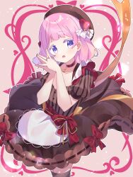 Rule 34 | 1girl, absurdres, alternate costume, beret, brown dress, brown hat, choker, cowboy shot, dress, hair ornament, hands up, hat, heart, heart hair ornament, highres, jewelry, looking at viewer, magia record: mahou shoujo madoka magica gaiden, mahou shoujo madoka magica, open mouth, own hands together, pink background, pink hair, puffy short sleeves, puffy sleeves, purple eyes, red choker, red ribbon, ribbon, ring, ruru (rurumagi), short hair, short sleeves, smile, solo, standing, yura hotaru