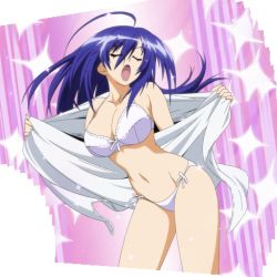 Rule 34 | 1girl, :o, ahoge, bare shoulders, blue hair, bra, breasts, cleavage, collarbone, fabulous, female focus, fingernails, grabbing, groin, hair between eyes, highres, hip focus, kurokami medaka, large breasts, leaning forward, lingerie, long hair, medaka box, midriff, navel, open clothes, open mouth, open shirt, panties, pink background, ribbon, screencap, shade, shiny skin, shirt, side-tie panties, solo, sparkle, standing, stitched, thigh gap, thighs, third-party edit, underwear, undressing, white bra, white panties