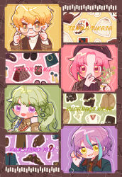 Rule 34 | 2boys, 2girls, adjusting eyewear, bag, beret, black footwear, black headwear, blonde hair, blue bag, blue jacket, blush stickers, bob cut, boots, brown bag, brown coat, brown footwear, brown necktie, brown shirt, brown skirt, casual, character name, chibi, closed mouth, clothes, coat, collared jacket, collared shirt, colored shoe interior, commentary request, cross-laced footwear, dotted line, framed, glasses, green background, grey shirt, hair between eyes, hand in own hair, hand on own head, handbag, hat, highres, holding, jacket, kamishiro rui, kusanagi nene, lace-up boots, lapels, layered clothes, long hair, long sleeves, looking at viewer, multicolored background, multicolored footwear, multicolored hair, multicolored necktie, multiple boys, multiple girls, necktie, ootori emu, open clothes, open coat, open collar, open jacket, orange background, orange eyes, orange hair, parted hair, parted lips, partial commentary, partially unbuttoned, patch, pink background, pink eyes, pink hair, plaid, plaid coat, plaid jacket, plaid skirt, pleated skirt, ponytail, portrait, project sekai, purple background, purple eyes, purple hair, red sweater vest, rounded corners, semi-circular eyewear, semi-rimless eyewear, shirt, shoes, short hair, shoulder bag, skirt, smile, sneakers, stalk, streaked hair, sweater, sweater vest, tareme, tenma tsukasa, two-tone hair, two-tone shirt, two-tone vest, ui (ui 73), unbuttoned, under-rim eyewear, upper body, v-neck, white footwear, white sweater, white sweater vest, yellow eyes, zozotown