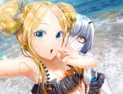 Rule 34 | 2girls, abigail williams (fate), bare shoulders, bikini, black bow, blonde hair, blue eyes, blurry, blurry background, bow, breasts, double bun, emerald float, fate/grand order, fate (series), hair bow, hair bun, highres, lavinia whateley (emerald float) (fate), lavinia whateley (fate), long hair, looking at viewer, multiple girls, multiple hair bows, official alternate costume, orange bow, pale skin, parted bangs, polka dot, polka dot bow, shi niao, swimsuit, v, white hair