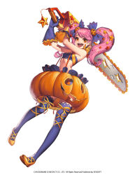Rule 34 | 1girl, :d, bandeau, blue thighhighs, chainsaw, chaos online, company name, copyright name, full body, gloves, happy, high heels, highres, long hair, love cacao, navel, official art, open mouth, orange eyes, pink hair, pumpkin costume, simple background, smile, sol-ven-heim, solo, standing, standing on one leg, strapless, thighhighs, tube top, twintails, weapon, white background