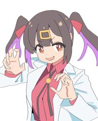 Rule 34 | 1girl, :d, black hair, bolo tie, bright pupils, brown eyes, claw pose, coat, commentary, dot nose, hair ribbon, highres, lab coat, long hair, long sleeves, multicolored hair, noyama takenoko, onii-chan wa oshimai!, open clothes, open coat, open mouth, oyama mihari, purple hair, red ribbon, red shirt, ribbon, shirt, simple background, smile, solo, twintails, two-tone hair, upper body, white background, wing collar