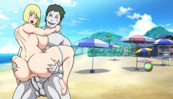 Rule 34 | 1boy, 1girl, anus, ass, ass grab, back, ball, bare back, barefoot, beach, beachball, blonde hair, blue eyes, blue sky, blush, bob cut, breasts, carrying, cloud, cloudy sky, colored skin, green hair, grey skin, hetero, highres, huge ass, huge breasts, hugging own legs, large breasts, large penis, naruho, naruto (series), naruto shippuuden, open mouth, outdoors, pale skin, penis, pussy, samui (naruto), sex, sky, source request, standing, standing sex, suspended congress, tagme, testicles, thick thighs, thighs, veins, veiny penis, walking, yellow eyes, zetsu (naruto)