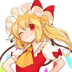 Rule 34 | 1girl, ascot, bad id, bad twitter id, blonde hair, bow, flandre scarlet, gotou (nekocat), hat, hat ribbon, highres, looking at viewer, mob cap, one eye closed, pointy ears, puffy short sleeves, puffy sleeves, red bow, red eyes, ribbon, ribbon trim, short hair with long locks, short sleeves, side ponytail, simple background, smile, solo, touhou, upper body, white background, wings