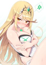 Rule 34 | 1girl, absurdres, anger vein, baffu, bare shoulders, blonde hair, blush, breast hold, breasts, choker, cleavage, closed mouth, collarbone, gem, hands on own chest, headpiece, highleg, highleg swimsuit, highres, large breasts, long hair, looking at viewer, mythra (radiant beach) (xenoblade), mythra (xenoblade), nintendo, one-piece swimsuit, solo, spoken anger vein, strapless, strapless one-piece swimsuit, swept bangs, swimsuit, thighs, tiara, tsundere, very long hair, white one-piece swimsuit, xenoblade chronicles (series), xenoblade chronicles 2, yellow eyes