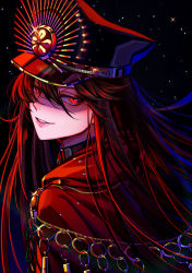 Rule 34 | 1girl, cape, chain, commentary request, dark background, fate/grand order, fate (series), from behind, hair between eyes, hat, koha-ace, lipstick, long hair, looking at viewer, looking back, makeup, march ab, military, military uniform, oda nobunaga (fate), oda nobunaga (koha-ace), oda uri, peaked cap, red eyes, red hair, shaded face, smile, solo, sparkle, uniform, upper body