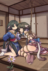 Rule 34 | 2girls, absurdres, ainu clothes, animal ears, arms behind back, artist name, bare legs, barefoot, bdsm, bondage, bound, bound toes, bow, chest sarashi, clothes down, clothes lift, collarbone, covered erect nipples, crotch rope, eruruu, eye contact, flower, from side, green eyes, green hair, hair ornament, hair tubes, hand on another&#039;s face, highres, holding, holding knife, indoors, knife, long hair, long sleeves, looking at another, multiple girls, nero augustus, off shoulder, on floor, panties, ponytail, ring hair ornament, rope, sarashi, shibari, sidelocks, smile, soles, surprised, suspension, sweat, tail, tatami, underwear, utawarerumono, vase, yellow eyes