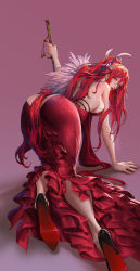 Rule 34 | 1girl, all fours, arched back, ass, backless dress, backless outfit, bare shoulders, breasts, commentary request, destiny child, dress, frilled dress, frills, from behind, hair ornament, high heels, high ponytail, highres, holding, holding sword, holding weapon, kanzashi, lipstick, long hair, looking at viewer, looking back, makeup, medium breasts, planted, planted sword, planted weapon, ponytail, red dress, red eyes, red hair, red lips, sideboob, solo, sparkle print, sword, tiamat (destiny child), very long hair, weapon, yangmie mieyi