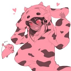 Rule 34 | 1girl, animal costume, artist request, black hair, blush, breasts, cacus (destiny child), cow costume, dark-skinned female, dark skin, destiny child, flustered, hair between eyes, heart, huge breasts, open mouth, oversized clothes, red eyes, solo, upper body