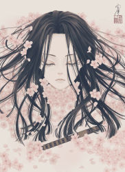 Rule 34 | 1boy, absurdres, androgynous, artist name, bishounen, black hair, cherry blossoms, closed mouth, commentary, expressionless, eyelashes, closed eyes, facing viewer, floating hair, flower, flute, forehead, heike monogatari, highres, instrument, long hair, male focus, original, parted hair, petals, pink flower, portrait, seal impression, signature, solo, ushiyama ame, white background