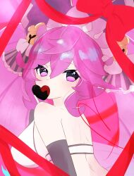 Rule 34 | 1girl, back, bare shoulders, bell, bow, breasts, candy, chocolate, chocolate heart, cleo (dragalia lost), covering own mouth, crop top, dragalia lost, food, hair bell, hair between eyes, hair ornament, heart, highres, large breasts, long hair, looking at viewer, pink eyes, pink hair, red bow, solo, upper body, very long hair, yamaharu (mitarasi0013)