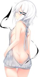 Rule 34 | 1girl, ass, bare back, bare shoulders, blue eyes, blush, breasts, butt crack, commentary request, cowboy shot, dress, from behind, grey sweater, hair between eyes, hair ornament, hairclip, highres, looking at viewer, looking back, meme attire, naked sweater, no bra, no panties, original, otokuyou, parted lips, ringo-chan (otokuyou), short hair, sideboob, simple background, sleeveless, sleeveless turtleneck, small breasts, solo, sweater, sweater dress, thigh gap, turtleneck, virgin killer sweater, white hair, white legwear