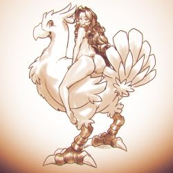 Rule 34 | 1990s (style), 1girl, aerith gainsborough, ass, back, barefoot, chocobo, curly hair, feet, final fantasy, final fantasy vii, g-string, highres, long hair, monochrome, panties, riding, robaato, soles, solo focus, thong, toes, underwear, very long hair