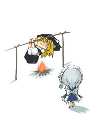 Rule 34 | 2girls, bad id, bad pixiv id, black dress, blonde hair, bloomers, blue dress, bound, braid, campfire, chibi, cooking, dress, female focus, fire, goma (gomasamune), grilling, hat, izayoi sakuya, kirisame marisa, maid, multiple girls, silver hair, tied up (nonsexual), touhou, underwear, witch, witch hat