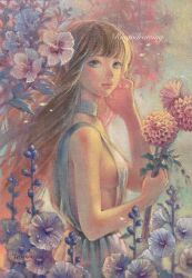 Rule 34 | 1girl, bare shoulders, blue eyes, blunt bangs, breasts, choker, clothing cutout, commentary request, dress, flower, hand up, highres, holding, holding flower, light brown hair, light smile, long hair, looking at viewer, medium breasts, no bra, oil painting (medium), original, painting (medium), ringodrawing, side cutout, sideboob, solo, traditional media, upper body, white choker, white dress