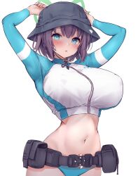 Rule 34 | 1girl, absurdres, aqua bikini, arms up, belt, bikini, blue archive, blush, breasts, bucket hat, covered erect nipples, halo, hat, highres, huge breasts, looking at viewer, navel, official alternate costume, purple hair, rash guard, saki (blue archive), saki (swimsuit) (blue archive), simple background, solo, stomach, swimsuit, utility belt, white background, yuuki shuri