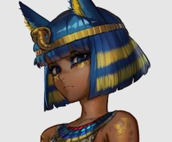 Rule 34 | 1girl, animal crossing, animal ears, ankha (animal crossing), armlet, armpit crease, backlighting, bare shoulders, belt, blonde hair, blue hair, blunt bangs, blunt ends, bob cut, breasts, cat ears, cat girl, cat tail, closed mouth, cropped, daniel deng, dark-skinned female, dark skin, dress, egyptian, egyptian clothes, eye of horus, eyelashes, eyes visible through hair, facial tattoo, gradient background, humanization, large breasts, looking at viewer, looking away, multicolored hair, nintendo, non-web source, parted lips, purple eyes, ribs, see-through silhouette, shiny skin, short hair, sideboob, simple background, slit pupils, solo, source request, tail, tattoo, two-tone hair, upper body, usekh collar, white dress