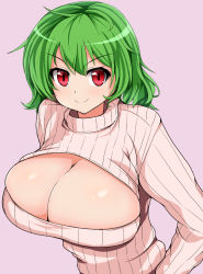 Rule 34 | 1girl, alternate costume, bad id, bad pixiv id, blush, breasts, cleavage, cleavage cutout, clothing cutout, doyagao, green hair, huge breasts, hydrant (kasozama), kazami yuuka, meme attire, open-chest sweater, pink background, red eyes, ribbed sweater, short hair, smile, smug, solo, sweater, touhou, turtleneck, upper body
