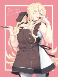 Rule 34 | apron, aqua eyes, blonde hair, blue eyes, border, breasts, candy, choker, commentary request, dress, food, french flag, hair between eyes, happy valentine, highres, kantai collection, large breasts, long hair, mole, mole under eye, mole under mouth, pink background, richelieu (kancolle), shingyou (alexander-13), solo, strapless, strapless dress, thighhighs, two-tone dress, two-tone legwear, white border