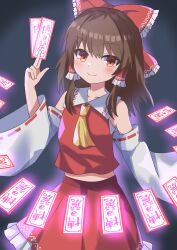 Rule 34 | 1girl, absurdres, ascot, blush, bow, brown hair, closed mouth, commentary, detached sleeves, floating, floating object, frilled bow, frilled hair tubes, frills, glowing, hair bow, hair tubes, hakurei reimu, high meron, highres, long hair, looking at viewer, ofuda, red bow, red eyes, red skirt, ribbon-trimmed sleeves, ribbon trim, skirt, skirt set, smile, solo, touhou, yellow ascot, yin yang, yin yang print