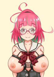 Rule 34 | 1girl, ahoge, breasts, brown eyes, glasses, green hair, grey sailor collar, highres, kantai collection, large breasts, multicolored hair, nipples, pink-framed eyewear, pink hair, ponytail, sailor collar, short hair, simple background, smile, solo, streaked hair, ume (kancolle), upper body, urano kitarou, yellow background